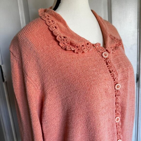 Chadwick's  coral colored knit cardigan with delicate crotchet-style trim - Picture 2 of 7